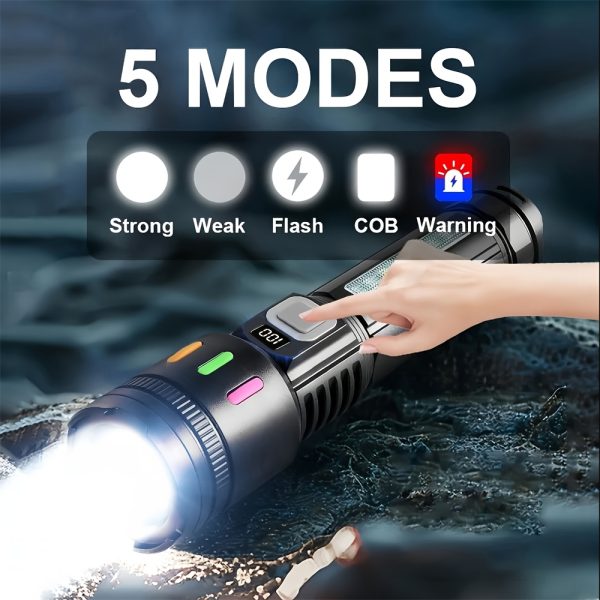 1pc Super Bright Rechargeable Flashlights LED, Handheld Strong Light, Tactical, 5 Modes, USB-C Charging Digital Display | Ideal for Running Hunting Hiking Home Lighting - Image 3