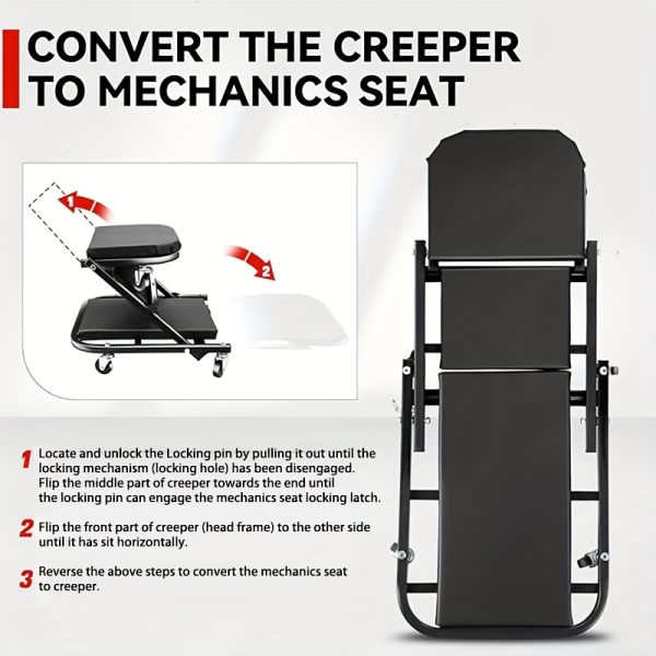 Wheel X Mechanical Crawler 36 Inch 3-in-1/2-in-1/2-in-1 With Brake Mode Z Seat 340 Pound Capacity, Foldable Garage Adjustable Rolling Folding With 6 Wheel Rollers, Lying Down And Leaning, Under Car Maintenance, Red And Black - Image 9