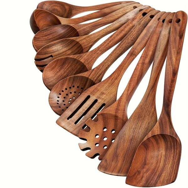 10pcs Quality Teak Cookware Set - Non-stick Friendly, Heat Resistant, Ergonomic Handle, Comfortable Grip - Perfect for Stirring, Baking, Serving And Easy Cooking - Image 3