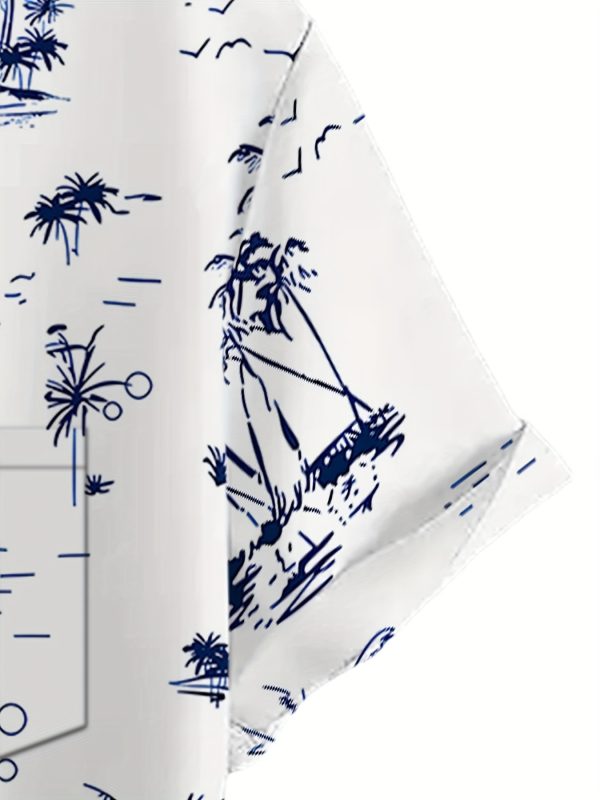 Men's Casual Hawaiian Shirt with Tropical Palm Tree Print, Short Sleeve Button-Up for Beach Vacation & Travel, White Base with Blue Illustrations, Lightweight Polyester Fabric, Perfect for Summer Outings - Image 6