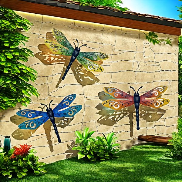 Large 14-Inch Iron Decorative Metal - Set of 3 Dragonfly Wall Art for Outdoor Garden Fence, Living Room, Bedroom Decor & Wedding Arrangements