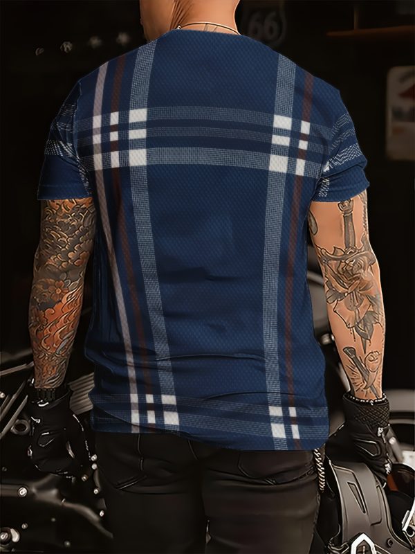 Men's Navy Blue Plaid Graphic T-Shirt - Stylish Short Sleeve, Breathable Polyester, Round Neck, Geometric Pattern, Machine Washable, Perfect for Casual or Formal Wear, Everyday Comfort | Short Sleeve Top | Polyester Fabric - Image 2