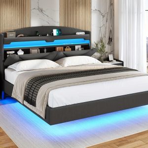[LED King Bed Frame] Dark Grey Upholstered Platform King Bed Frame With USB-C/A Charging Station, LED Bed Frame, Storage Headboard, Shelves, Hidden Storage, Stable Structure