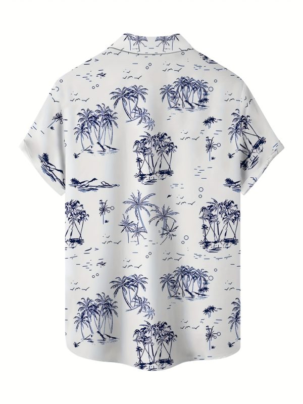 Men's Casual Hawaiian Shirt with Tropical Palm Tree Print, Short Sleeve Button-Up for Beach Vacation & Travel, White Base with Blue Illustrations, Lightweight Polyester Fabric, Perfect for Summer Outings - Image 3