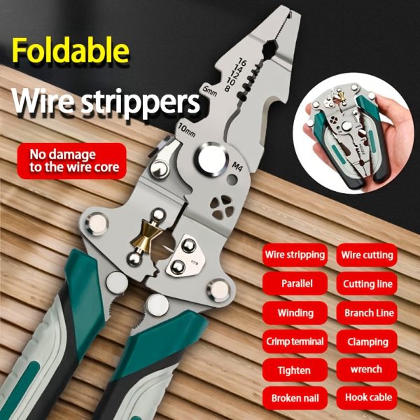 Versatile Electrician's Wire Stripper - Foldable, Multi-Function Tool for Stripping, Cutting & Crimping, Non-Slip Grip, Metal Construction - Image 6