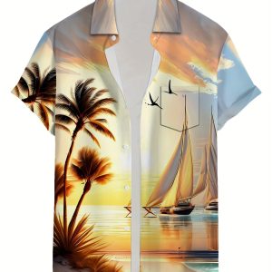 Men's Tropical Beach Print Short Sleeve Shirt - Vibrant Sailboat & Palm Tree Design, Lightweight Polyester, Perfect for Summer Vacations & Casual Outings