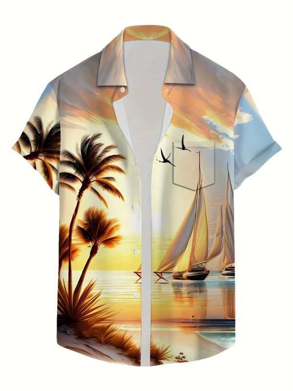 Men's Tropical Beach Print Short Sleeve Shirt - Vibrant Sailboat & Palm Tree Design, Lightweight Polyester, Perfect for Summer Vacations & Casual Outings