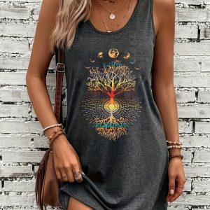 Women's Casual Sleeveless Dress with Celestial Moon & Stars Print