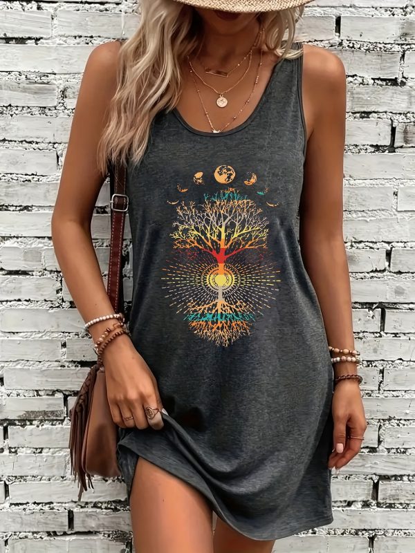 Women's Casual Sleeveless Dress with Celestial Moon & Stars Print