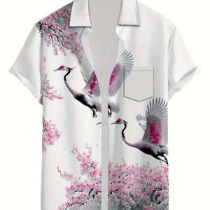 Men's Lightweight Polyester Short-Sleeve Shirt with Vibrant Red-Crowned Crane & Cherry Blossom Print, Casual Lapel Collar, Summer Fashion Top for Adults & Teens, Beach Attire | Vibrant Pattern Tee | Glossy Finish Shirt