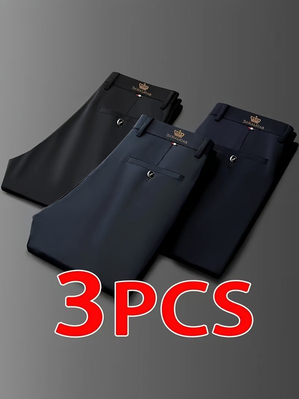 3pcs Men's High-Elasticity Business Casual Dress Pants - Wrinkle-Free All-Season Wear, Machine Washable with Logo, Mid-Rise Regular Fit & Zipper Closure for Office & Formal Occasions, Professional Attire, Classic Style, Premium Stitching, Versatile Trousers, Corporate Wear - Image 3