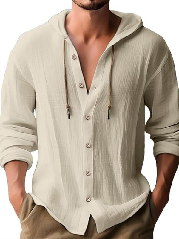 2025 new spring and summer Men's hooded t-shirt shirt solid color Linen Men's casual long-sleeved tops, summer wear, loose and comfortable, breathable and quick-drying, is the perfect gift choice! - Image 5