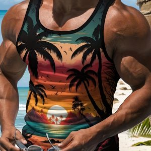 Men'S Tropical Sunset & Palm Tree Tank Top - Vibrant Beach Scene, Sleeveless Casual/Vacation Wear, Breathable Polyester Blend, Summer Essential for Leisure and Style, Summer Tank Top