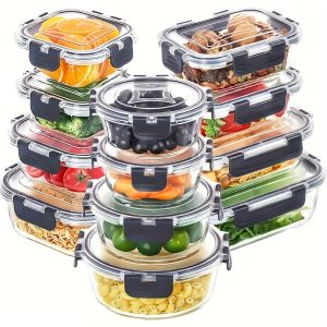 [Leak Proof Glass Containers] 12pcs Leak Proof Glass Food Storage Containers with Lids | Meal Prep, Pantry Kitchen Storage Containers for Lunch, Airtight Glass Lunch Bento Boxes for Microwave, Oven, Freezer And Dishwasher