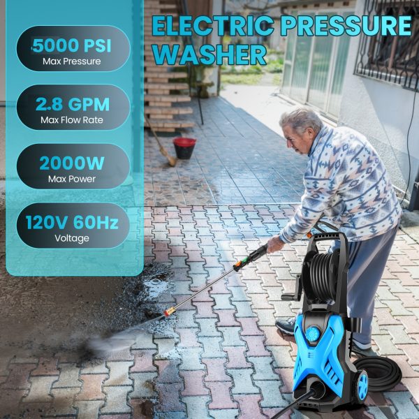 Electric Pressure Washer, 5000 PSI 2.8 GPM Power Washer With 33FT Extension Hose Reel, Pressure Adjustable (2500PSI-5000PSI), 4 Quick Connect Nozzles And Foam Cannon For Car/Fence/Patio (Blue) - Image 3
