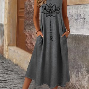 Women's Summer Floral Print Sleeveless Dress - Round Neck with Pockets, Mid-Stretch Machine-Washable Fabric, Elegant Casual Vacation & Casual Attire, Casual Summer Dresses, Practical Design, Stretchy Fabric