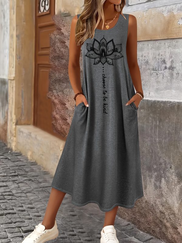 Women's Summer Floral Print Sleeveless Dress - Round Neck with Pockets, Mid-Stretch Machine-Washable Fabric, Elegant Casual Vacation & Casual Attire, Casual Summer Dresses, Practical Design, Stretchy Fabric