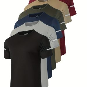 6pcs Men's Breathable Quick-Dry Polyester Athletic T-Shirts - Moisture-Wicking Crew Neck Short Sleeve with Reflective Logo Strips, Regular Fit Gym Running Workout Shirts, 6 Colors (Navy, Olive, Light Grey, Burgundy, Royal, Black), Gym Shirts, Fitness Apparel, Subtle Style Accents, Moisturewicking Fabric, Sports Performance, Casual Activewear, Durable Construction, Sports Tshirt, Active Men