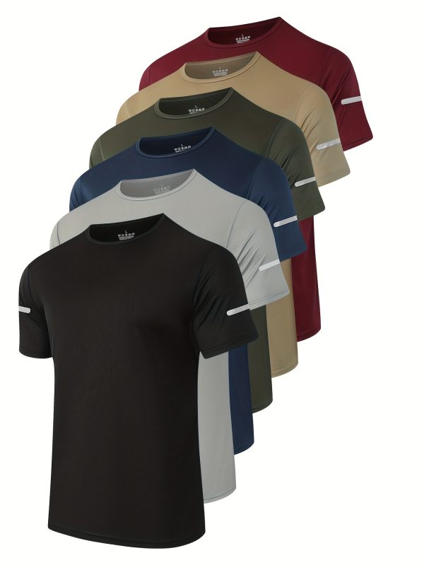 6pcs Men's Breathable Quick-Dry Polyester Athletic T-Shirts - Moisture-Wicking Crew Neck Short Sleeve with Reflective Logo Strips, Regular Fit Gym Running Workout Shirts, 6 Colors (Navy, Olive, Light Grey, Burgundy, Royal, Black), Gym Shirts, Fitness Apparel, Subtle Style Accents, Moisturewicking Fabric, Sports Performance, Casual Activewear, Durable Construction, Sports Tshirt, Active Men