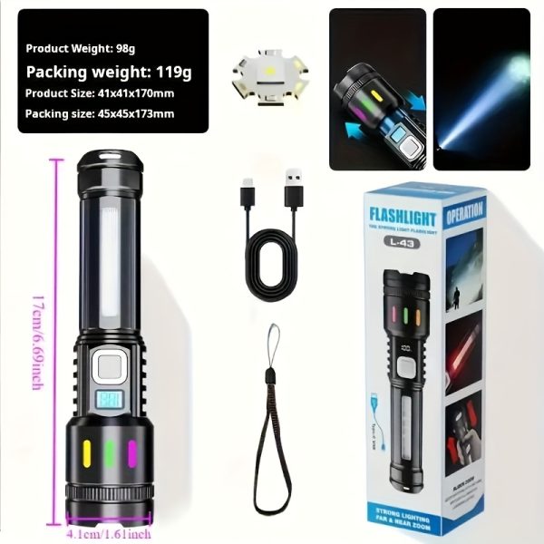 1pc Super Bright Rechargeable Flashlights LED, Handheld Strong Light, Tactical, 5 Modes, USB-C Charging Digital Display | Ideal for Running Hunting Hiking Home Lighting - Image 4