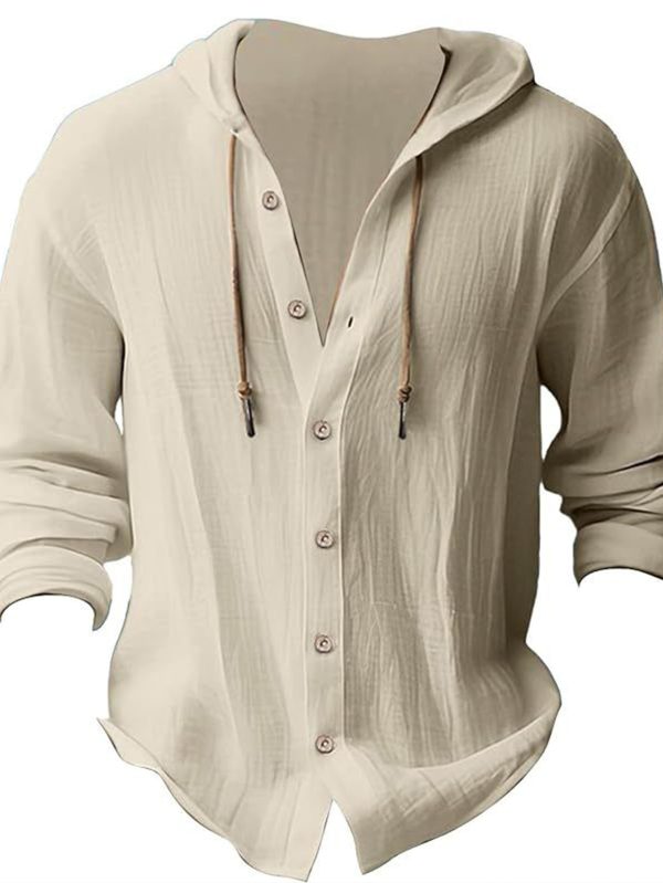 2025 new spring and summer Men's hooded t-shirt shirt solid color Linen Men's casual long-sleeved tops, summer wear, loose and comfortable, breathable and quick-drying, is the perfect gift choice! - Image 9
