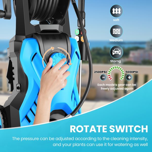 Electric Pressure Washer, 5000 PSI 2.8 GPM Power Washer With 33FT Extension Hose Reel, Pressure Adjustable (2500PSI-5000PSI), 4 Quick Connect Nozzles And Foam Cannon For Car/Fence/Patio (Blue) - Image 2