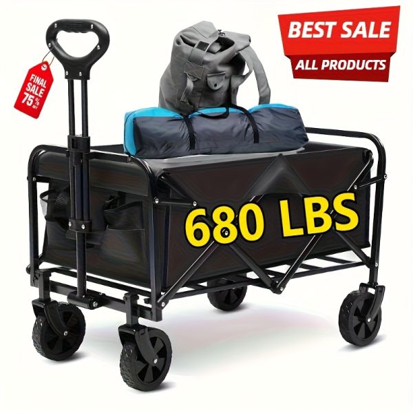 220/450/680 lb Capacity Heavy-Duty All-Terrain Folding Cart - Stainless Steel Frame and 600D Oxford Fabric, Foldable Multi-Purpose Wagon for Camping, Gardening, Beach, Shopping - No Assembly Required, Black Garden Tool Holder, Sturdy Handle Design, Durable Wheel Construction - Image 7