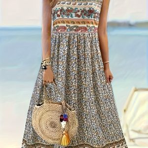 [Paisley Floral Dress] Lightweight Breathable Women's Paisley Floral Print Sleeveless A-Line Dress | Round Neck Summer Dress with Pockets, Machine Washable Casual Beach Dress for Women, Medium Elasticity, Cute Summer Dresses