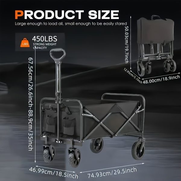 220/450/680 lb Capacity Heavy-Duty All-Terrain Folding Cart - Stainless Steel Frame and 600D Oxford Fabric, Foldable Multi-Purpose Wagon for Camping, Gardening, Beach, Shopping - No Assembly Required, Black Garden Tool Holder, Sturdy Handle Design, Durable Wheel Construction - Image 4