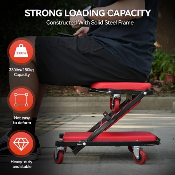Wheel X Mechanical Crawler 36 Inch 3-in-1/2-in-1/2-in-1 With Brake Mode Z Seat 340 Pound Capacity, Foldable Garage Adjustable Rolling Folding With 6 Wheel Rollers, Lying Down And Leaning, Under Car Maintenance, Red And Black - Image 7