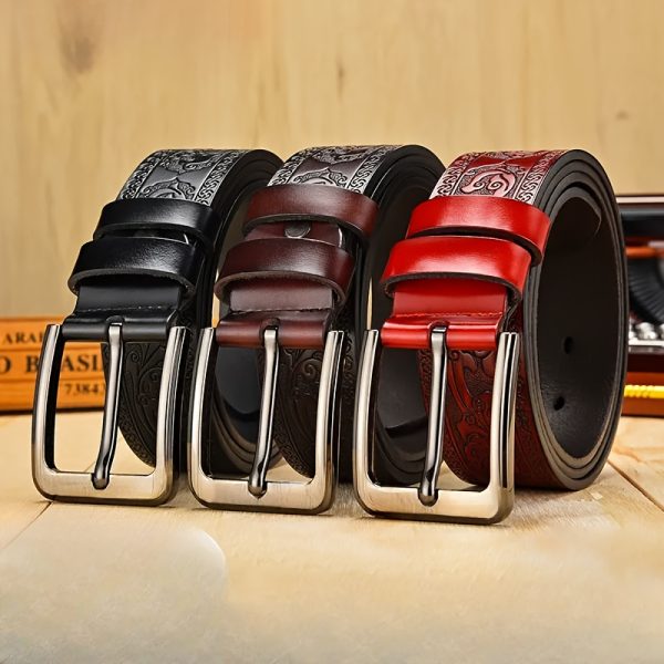 [Vintage | Leather] Elegant Genuine Leather Men's Belt | with Alloy Buckle - Carved Design | Perfect for Business & Casual Wear - Ideal Gift for Father or Husband - Image 3