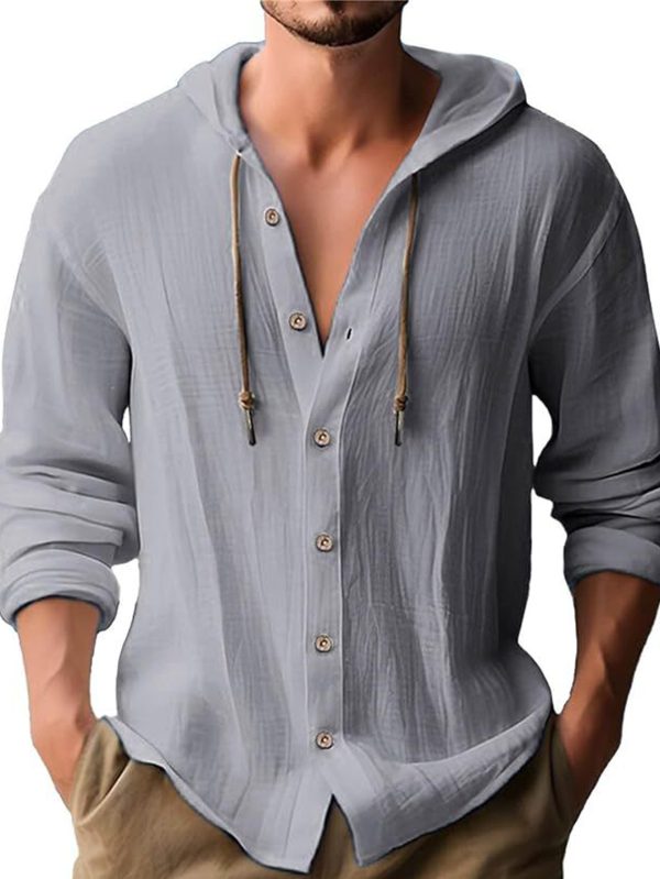 2025 new spring and summer Men's hooded t-shirt shirt solid color Linen Men's casual long-sleeved tops, summer wear, loose and comfortable, breathable and quick-drying, is the perfect gift choice! - Image 4
