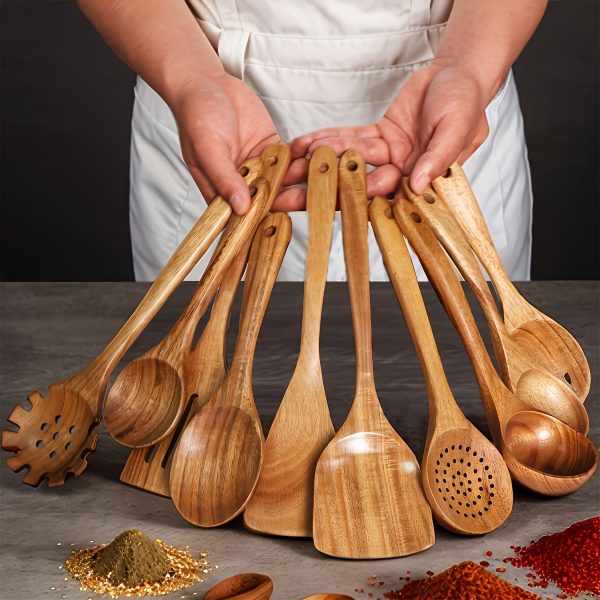 10pcs Quality Teak Cookware Set - Non-stick Friendly, Heat Resistant, Ergonomic Handle, Comfortable Grip - Perfect for Stirring, Baking, Serving And Easy Cooking - Image 2