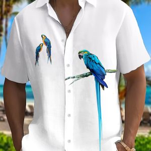Men's Parrots Pattern Pint Short Sleeve Lapel Shirt Top, Casual Button Up Shirt For Summer Daily Wear And Vacation Resorts