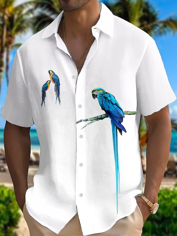 Men's Parrots Pattern Pint Short Sleeve Lapel Shirt Top, Casual Button Up Shirt For Summer Daily Wear And Vacation Resorts