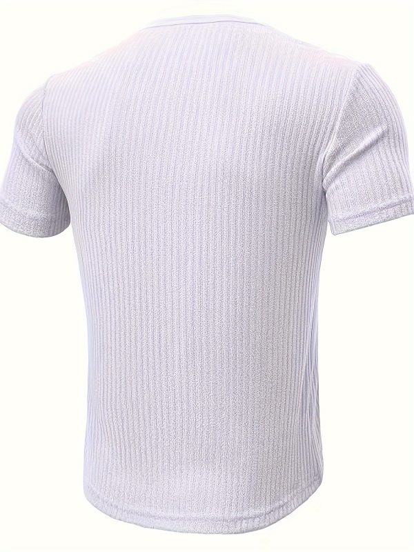 Short Sleeve Solid Stripe Pattern Knit T-shirt, Chic And Stylish Henley Neck Sports Tops For Men's Summer Leisurewear And Outdoors Activities - Image 7
