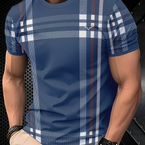 Men's Navy Blue Plaid Graphic T-Shirt - Stylish Short Sleeve, Breathable Polyester, Round Neck, Geometric Pattern, Machine Washable, Perfect for Casual or Formal Wear, Everyday Comfort | Short Sleeve Top | Polyester Fabric