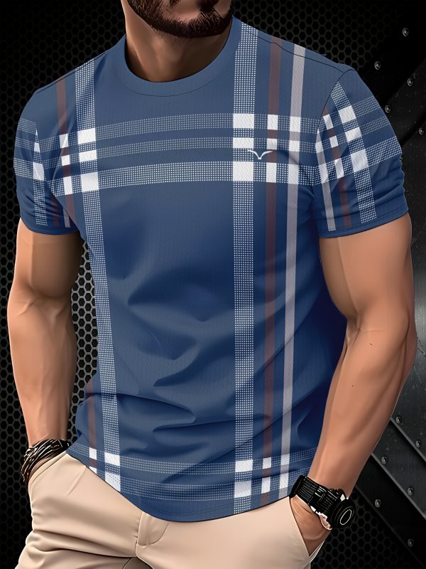 Men's Navy Blue Plaid Graphic T-Shirt - Stylish Short Sleeve, Breathable Polyester, Round Neck, Geometric Pattern, Machine Washable, Perfect for Casual or Formal Wear, Everyday Comfort | Short Sleeve Top | Polyester Fabric