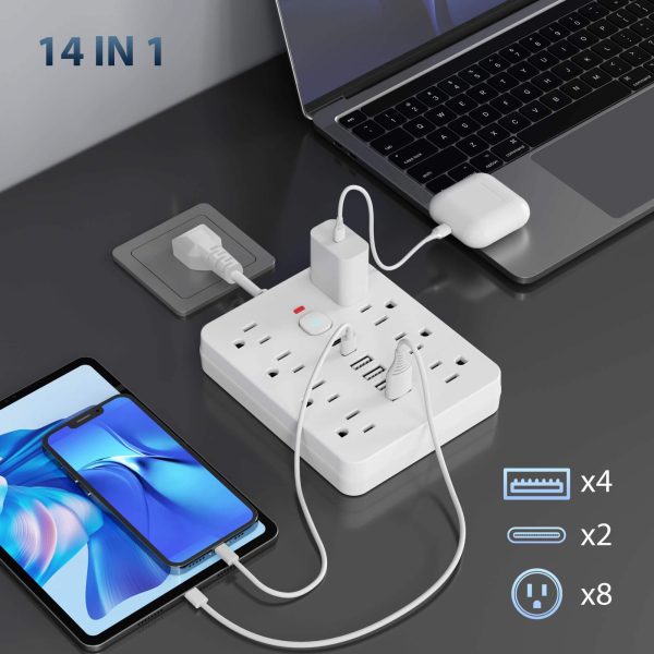 14-in-1 Power Strip Surge Protector with 8AC Outlets, 4USB & 2Type-C Ports | Multi Plug Outlet Expander, USB Wall Plug, Compact Desk Multi-plug Outlet | Flat Plug Design, Space-Saving Extension Cord for Home, Office And Kitchen - Image 6