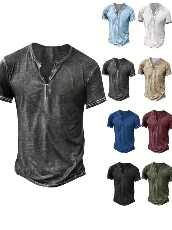 Mens Distressed Henley Shirts Short Sleeve Button T-Shirt Slim Fit Cotton Casual Shirt - Image 7