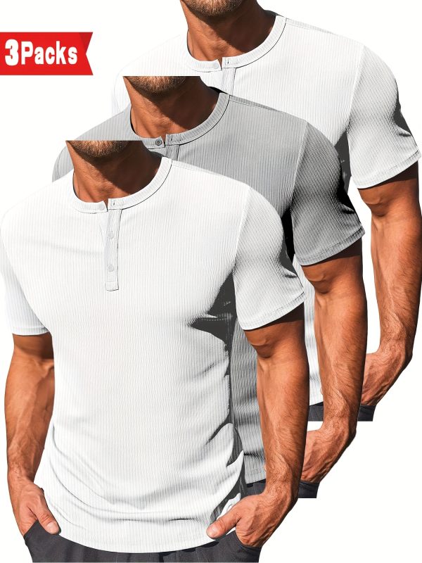 3pcs Men's Slim Fit Henley Shirts - Short Sleeve, Ribbed, Button-Up T-Shirts for Casual & Fitness Wear, Breathable Polyester, Black, White, Gray, Summer Essentials - Image 4