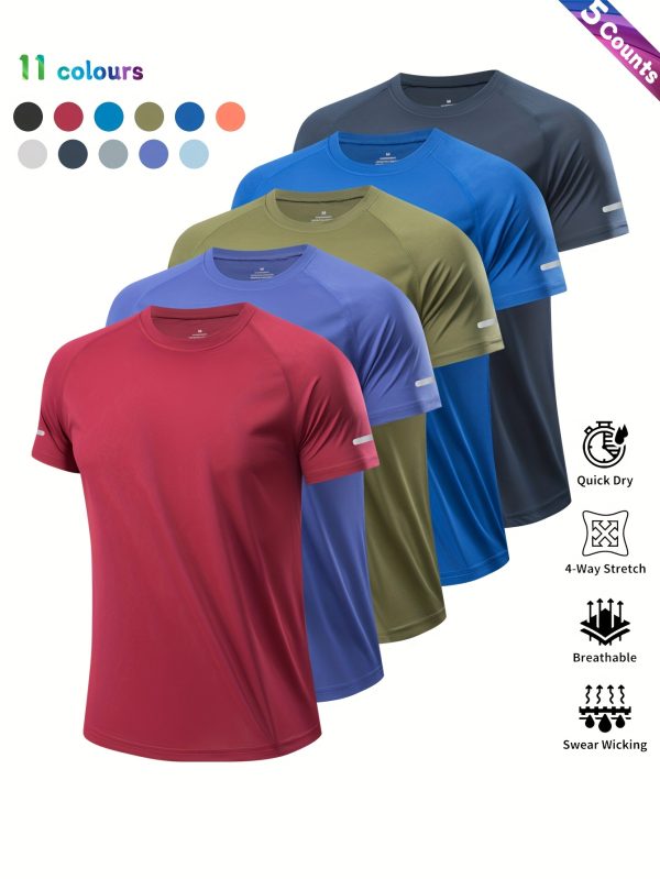 5pcs Men'S Casual Athletic T-Shirts - Breathable Polyester, Quick-Dry & Moisture-Wicking, Reflective Shoulder Design for Gym, Cycling, Running, Fishing & Basketball - Lightweight, 11 Colors, Gym Shirts, Knit - Image 3