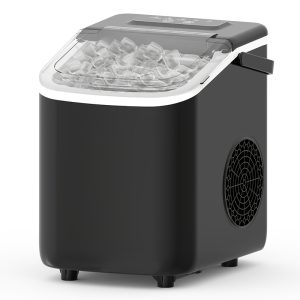 Ice Maker With A Handle On The Countertop. It Can Make 9 Bullet-shaped Ice Cubes In 6 Minutes, With A 24-hour Ice-making Capacity Of 26 Pounds. It Is Equipped With An Automatic Cleaning Function And Comes With An Ice Basket And An Ice Scoop.