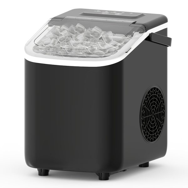 Ice Maker With A Handle On The Countertop. It Can Make 9 Bullet-shaped Ice Cubes In 6 Minutes, With A 24-hour Ice-making Capacity Of 26 Pounds. It Is Equipped With An Automatic Cleaning Function And Comes With An Ice Basket And An Ice Scoop.