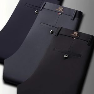 3pcs Men's High-Elasticity Business Casual Dress Pants - Wrinkle-Free All-Season Wear, Machine Washable with Logo, Mid-Rise Regular Fit & Zipper Closure for Office & Formal Occasions, Professional Attire, Classic Style, Premium Stitching, Versatile Trousers, Corporate Wear