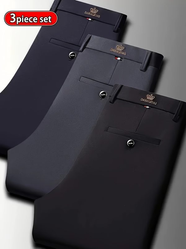 3pcs Men's High-Elasticity Business Casual Dress Pants - Wrinkle-Free All-Season Wear, Machine Washable with Logo, Mid-Rise Regular Fit & Zipper Closure for Office & Formal Occasions, Professional Attire, Classic Style, Premium Stitching, Versatile Trousers, Corporate Wear