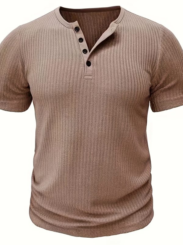 Short Sleeve Solid Stripe Pattern Knit T-shirt, Chic And Stylish Henley Neck Sports Tops For Men's Summer Leisurewear And Outdoors Activities - Image 2