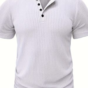 Short Sleeve Solid Stripe Pattern Knit T-shirt, Chic And Stylish Henley Neck Sports Tops For Men's Summer Leisurewear And Outdoors Activities