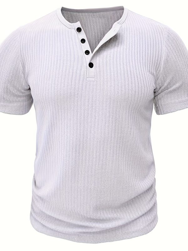 Short Sleeve Solid Stripe Pattern Knit T-shirt, Chic And Stylish Henley Neck Sports Tops For Men's Summer Leisurewear And Outdoors Activities