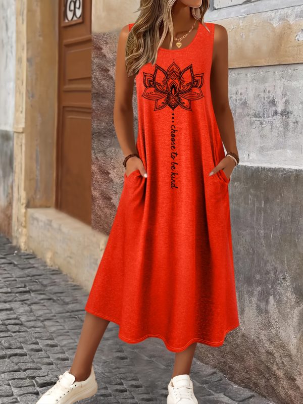 Women's Summer Floral Print Sleeveless Dress - Round Neck with Pockets, Mid-Stretch Machine-Washable Fabric, Elegant Casual Vacation & Casual Attire, Casual Summer Dresses, Practical Design, Stretchy Fabric - Image 3